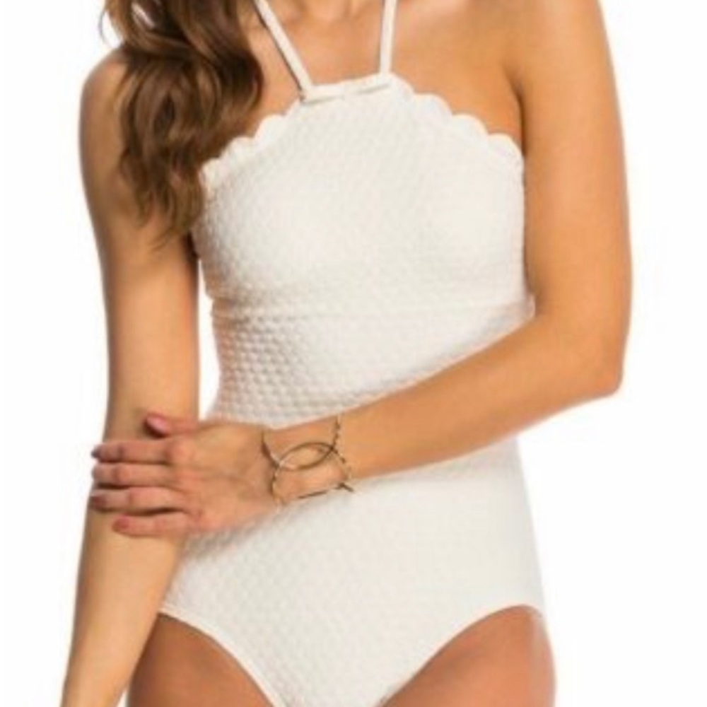 Kate Spade New York swimsuit detailed with scalloped edges on halter. Cream XL
